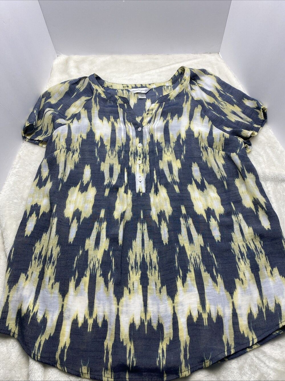Christopher & Banks Blouse XL Blue Yellow Ikat Print Rayon Blend Short Sleeve